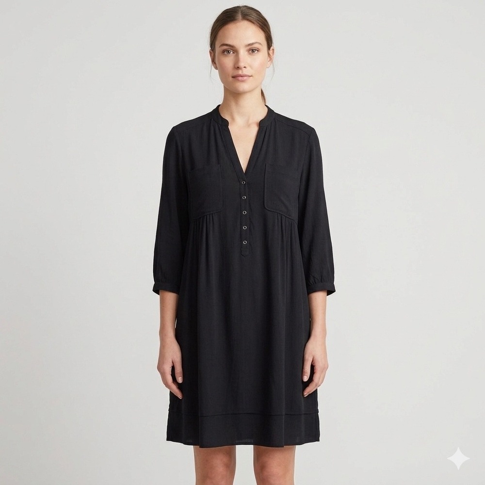 Maeve Anthropologie Black Henley‎ V-Neck 3/4 Sleeve Shift Dress Womens Size 2